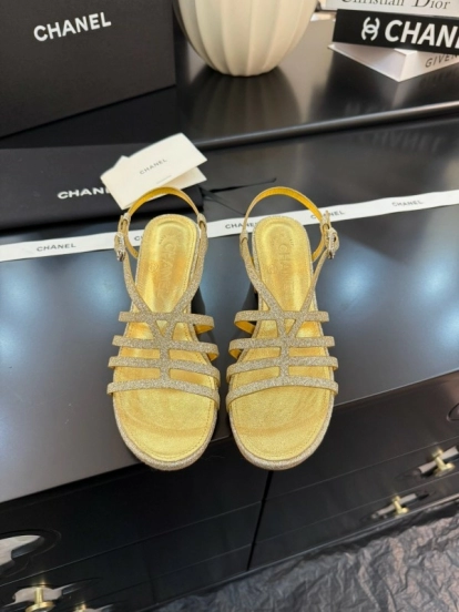 2025 Women Chanel Gold Fabric Sandals KFY00289
