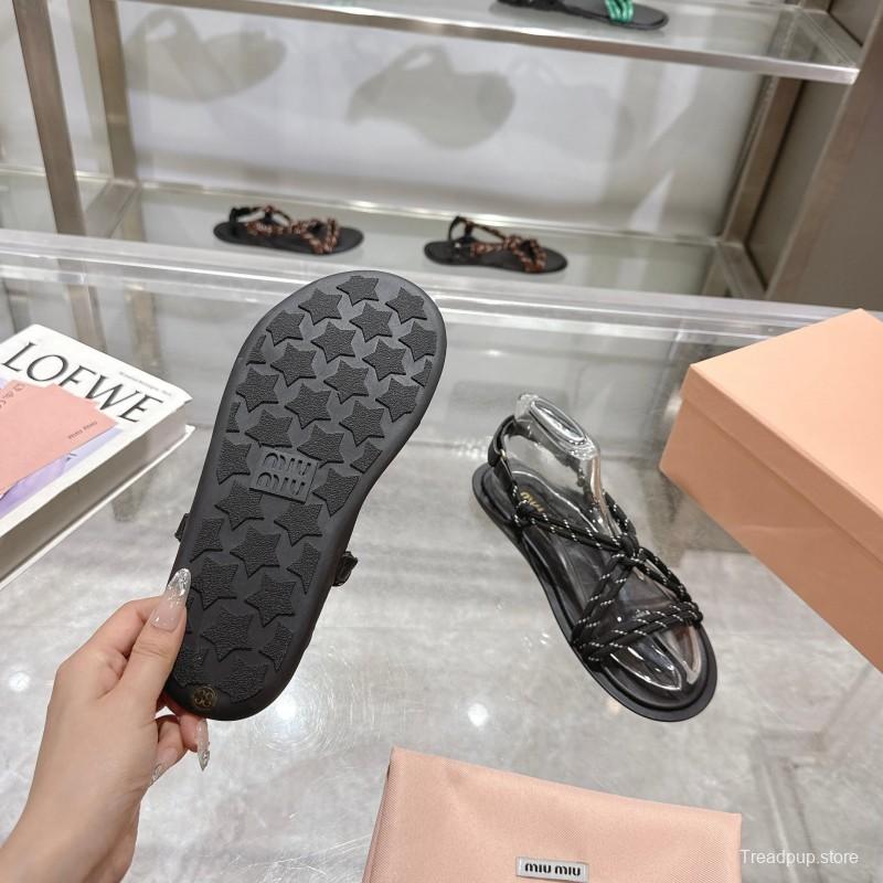 2025 Women Miu Miu Black Leather Rope Sandals