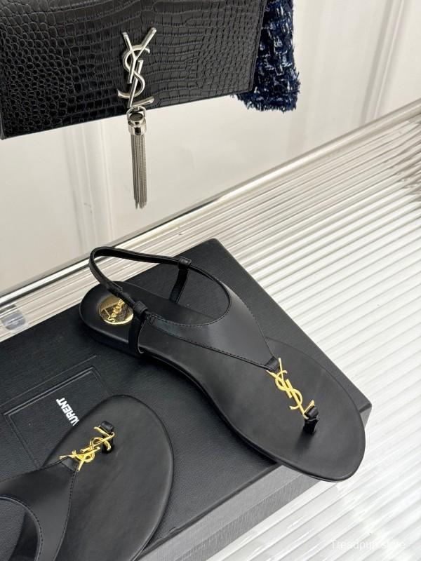 2025 Women Yves Saint Laurent Black Leather Sandals KFY00270