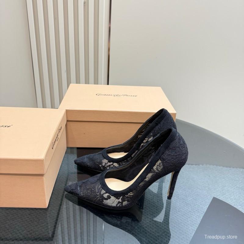 2025 Women Gianvito Rossi Black Lace Leather High Heel KFY00280