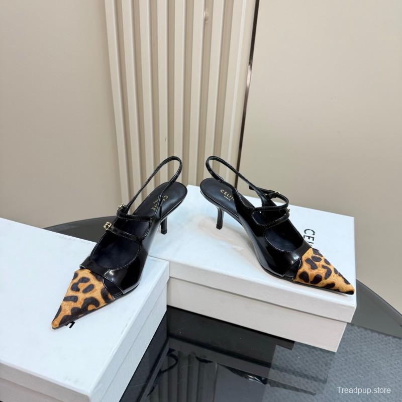 2025 Women Celine Leopard Black Patent Leather Slingback Heels