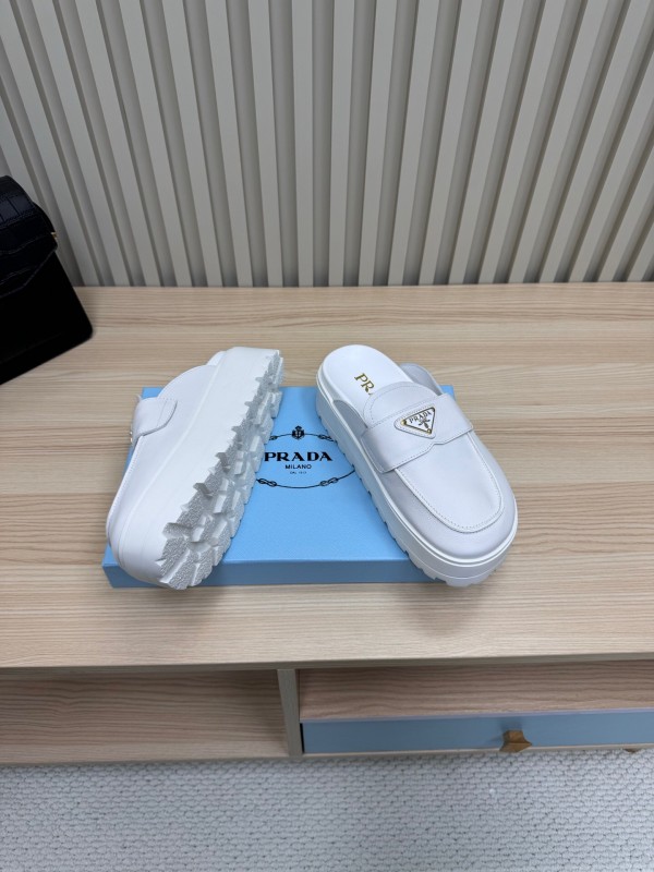 2025 Women Prada White Leather Slippers KFY00280