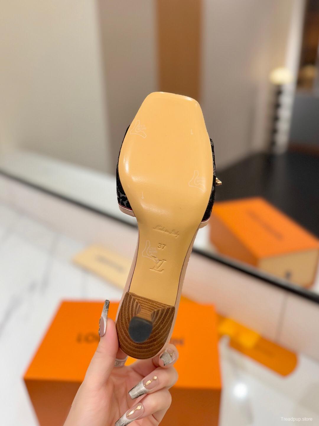 2025 Women Louis Vuitton Black Beige Denim Sandals LV Element KFY00310