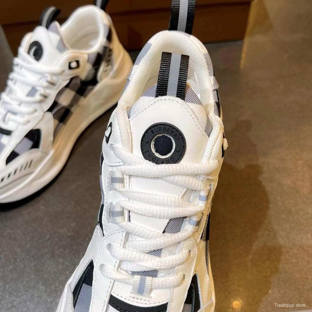 2025 Unisex Burberry White Black Cotton Leather Suede Chunky Sneakers Vintage Check MJ00380(F/W)