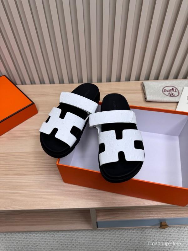 2025 Slippers Hermès Black White Leather Slippers