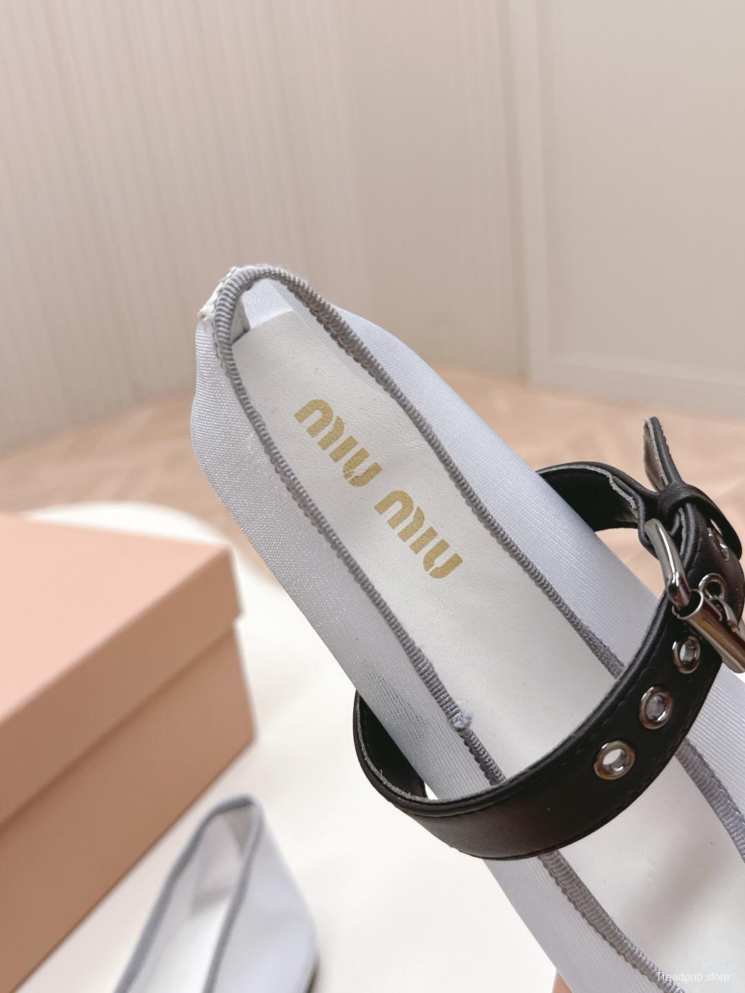2025 Women Miu Miu White Black Mesh Leather Ballet Flats LY00230