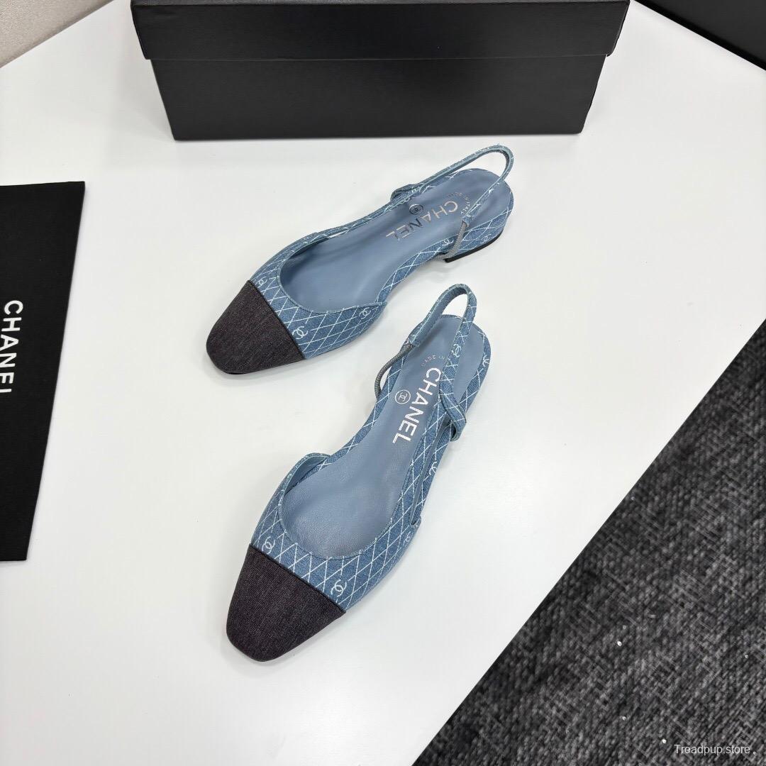 2025 Women Chanel Blue Black Denim Leather Slingback LY00240