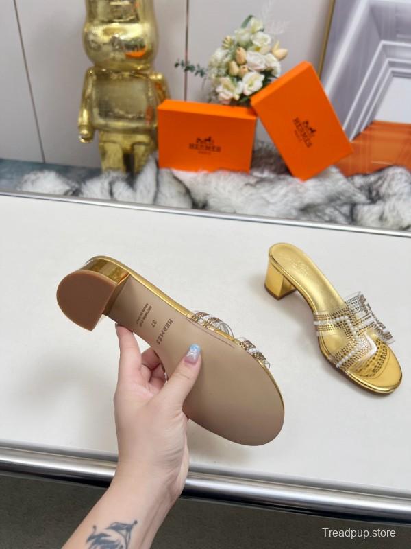 2025 Hermès Gold Leather Slippers MJ00180