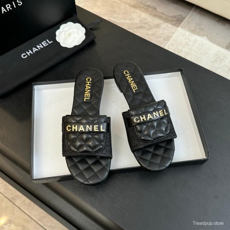 2025 Women Chanel Black Leather Slippers