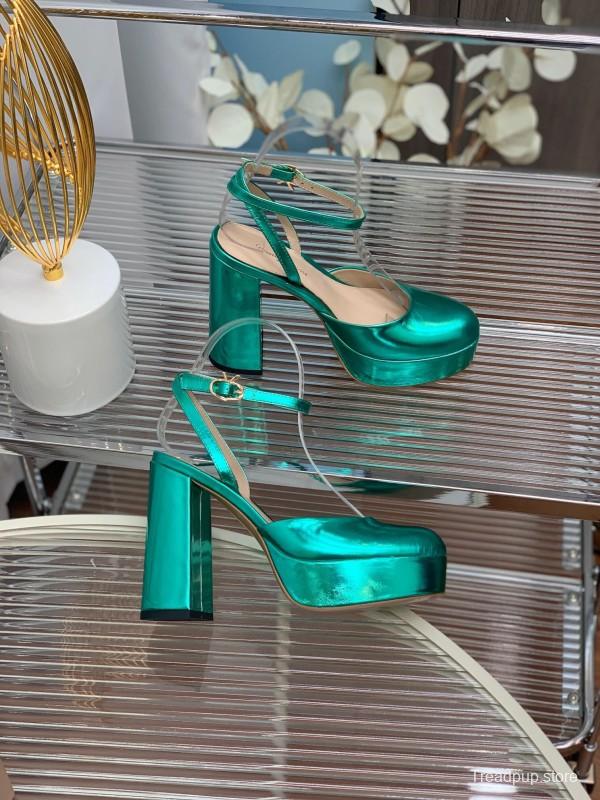 2025 Women Gianvito Rossi Metallic Green Leather Platform Sandals