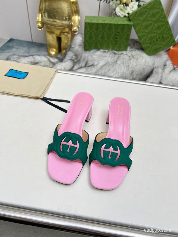 2025 Women Gucci Pink Green Leather Slippers