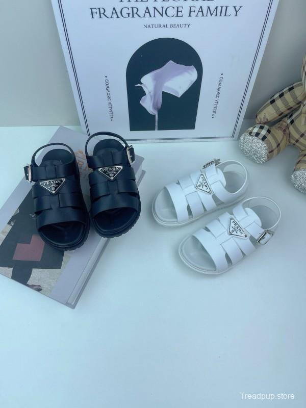 2025 Kids PRADA Black White Leather Sandals