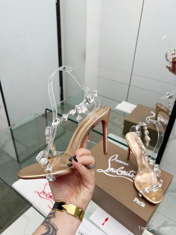 2025 Women Christian Louboutin Gold PVC Crystal High Heel Sandals LY00300