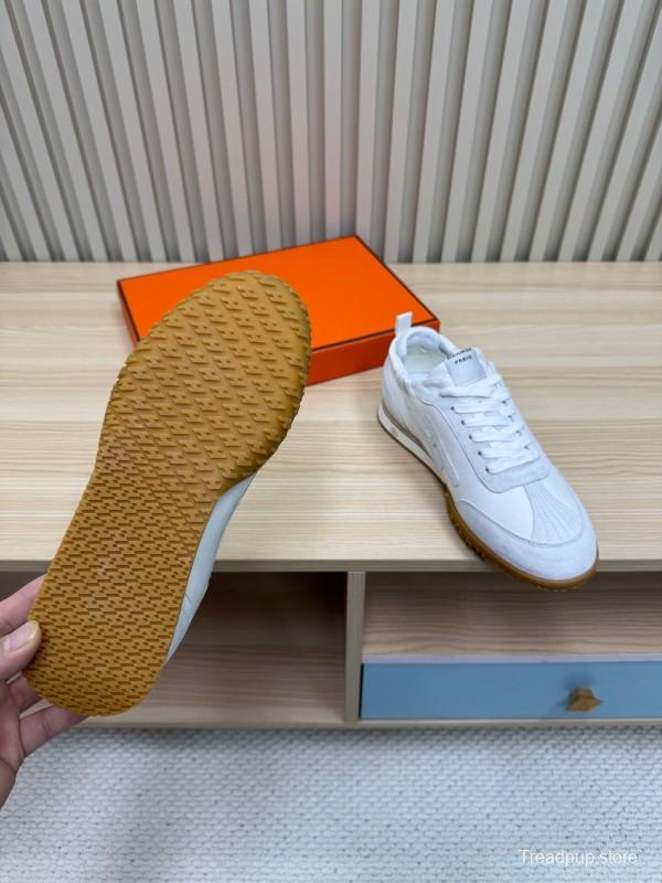 2025 Unisex Hermès White Suede Down Fabric Sneakers KFY00300
