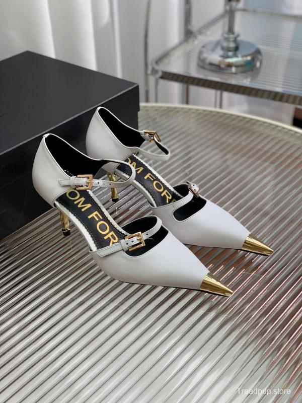 2025 Women TOM FORD White Gold Leather Pointed Toe Pumps KFY00320