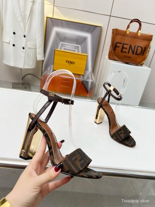 2025 Women Fendi Brown Leather Suede High Heel Sandals