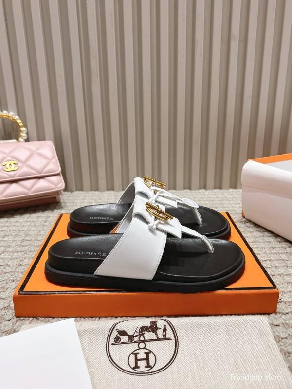 2025 Women Hermès White Leather Slippers LY00270