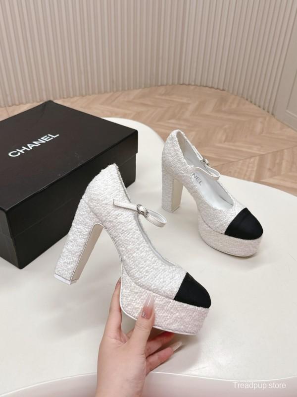 2025 Women Chanel White Black Tweed Platform High Heels