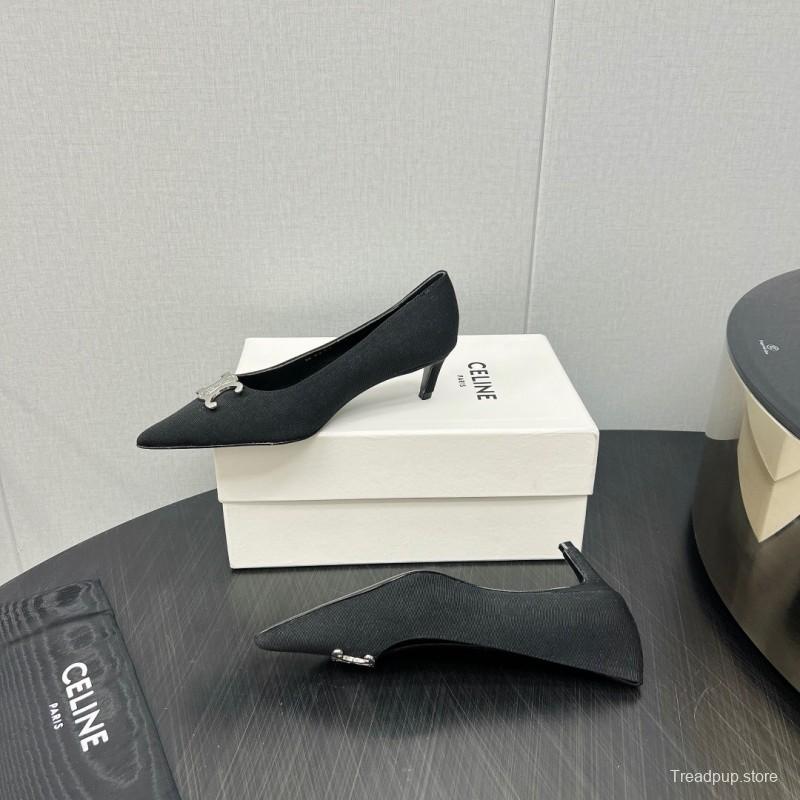 2025 Women Celine Black Fabric Pointed Toe Metal Buckle Pumps