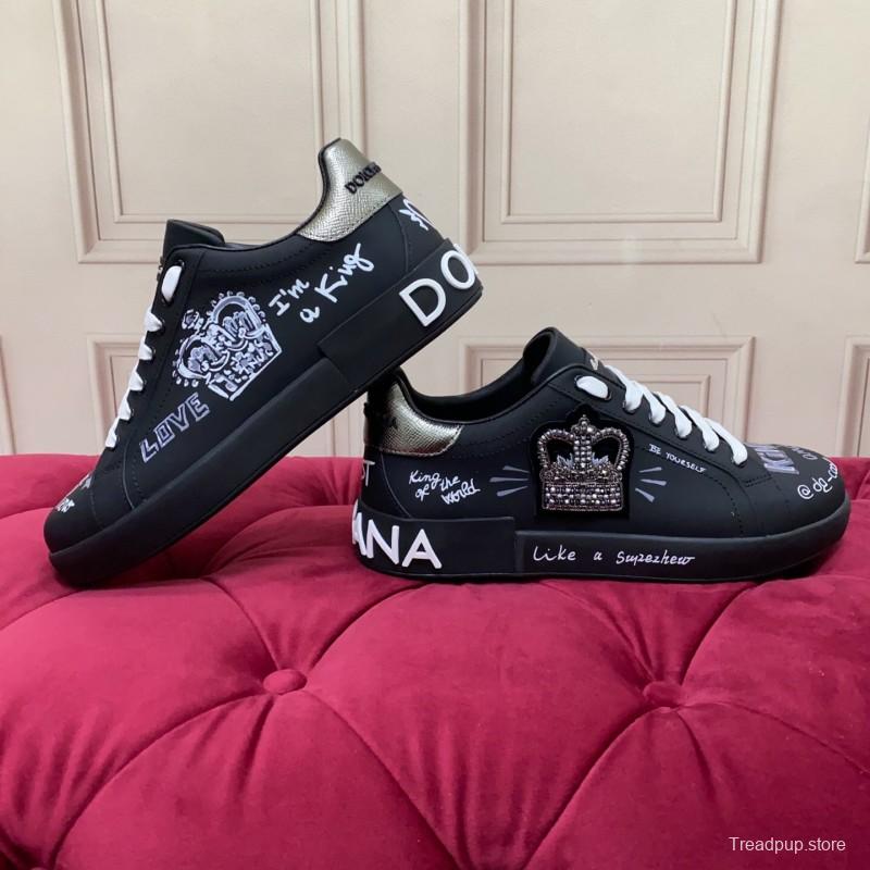 2025 Men Dolce & Gabbana Black Silk Leather Sneakers Crown Embellishment LY00360