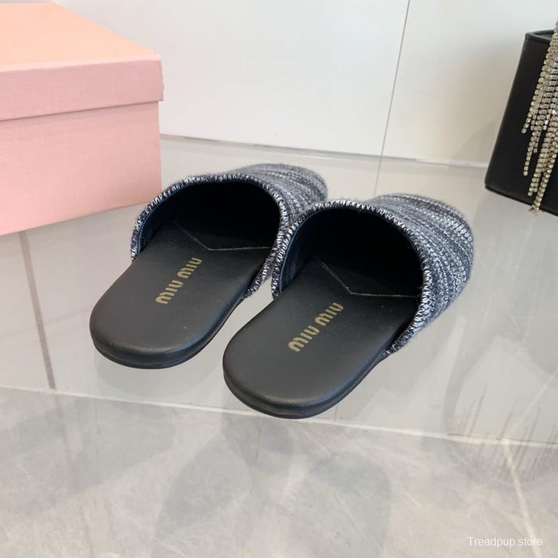 2025 Women Miu Miu Black White Knit Leather Slippers