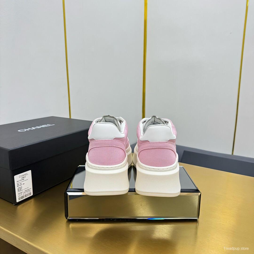 2025 Women Chanel Pink White Leather Suede Platform Sneakers