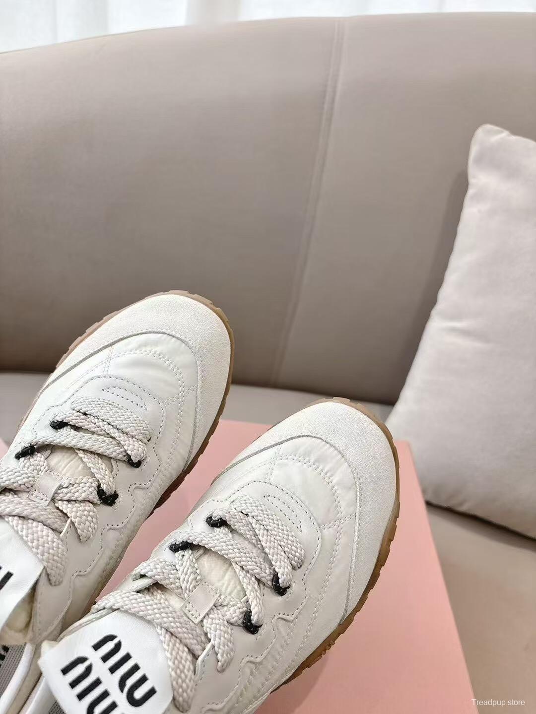 2025 Women Miu Miu White Beige Leather Nylon Casual Shoes KFY00280