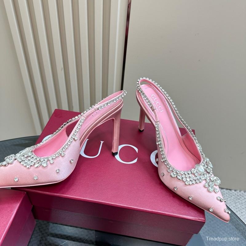 2025 Women Gucci Pink Silk Slingback High Heel Crystal MJ00340