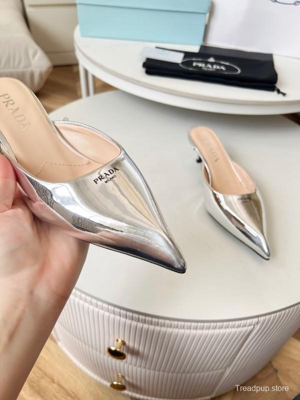 2025 Women Prada Silver Patent Leather Mules