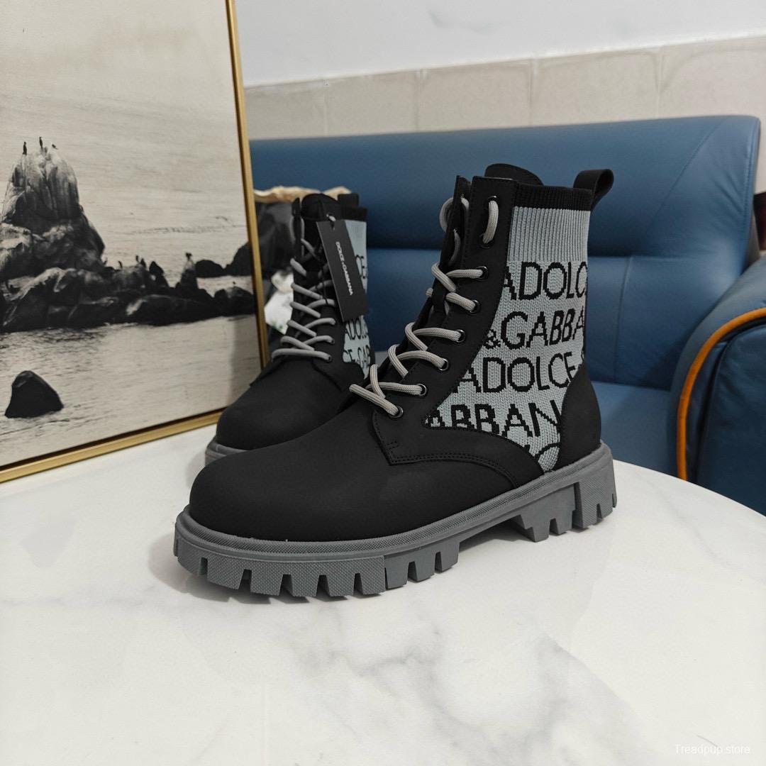 2024 Unisex Dolce & Gabbana Black Light Grey Fabric Leather Boots