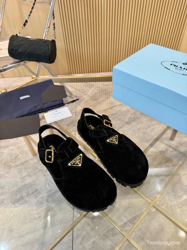 2025 Women Prada Black Suede Sandals