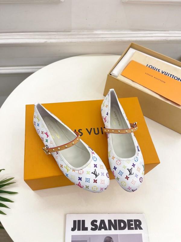 2025 Women Louis Vuitton White Multicolor Leather Ballet Flats KFY00300