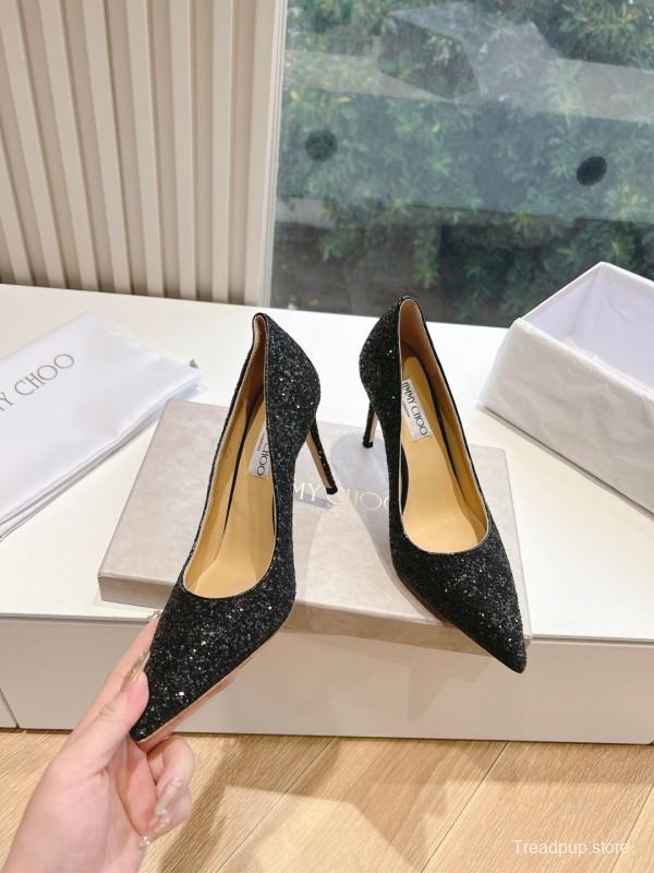 2025 Women Jimmy Choo Black Glitter Leather High Heel Pumps KFY00280