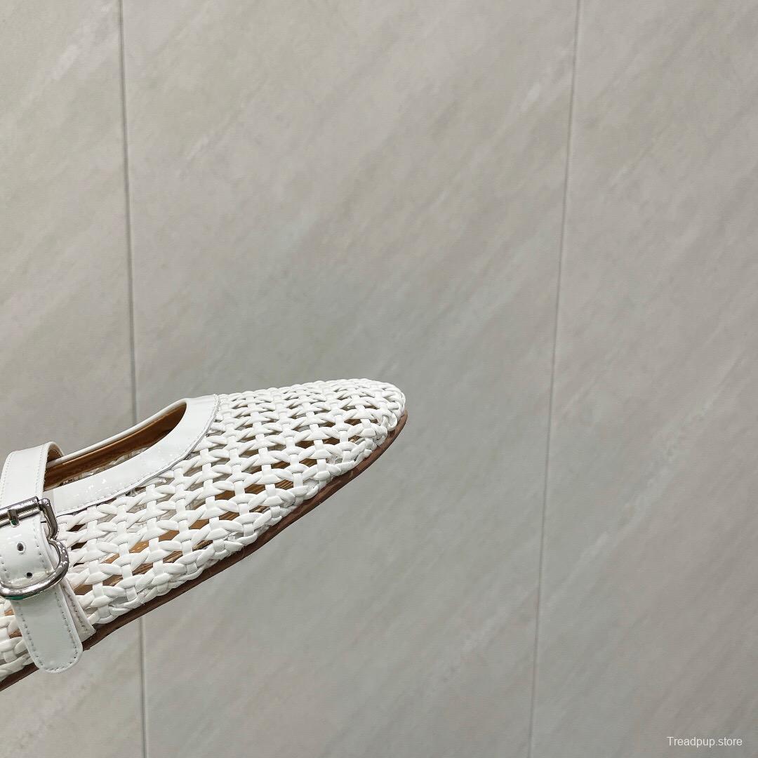 2025 Women Alaïa White Woven Leather Flat Mary Jane Shoes LY00360(F)