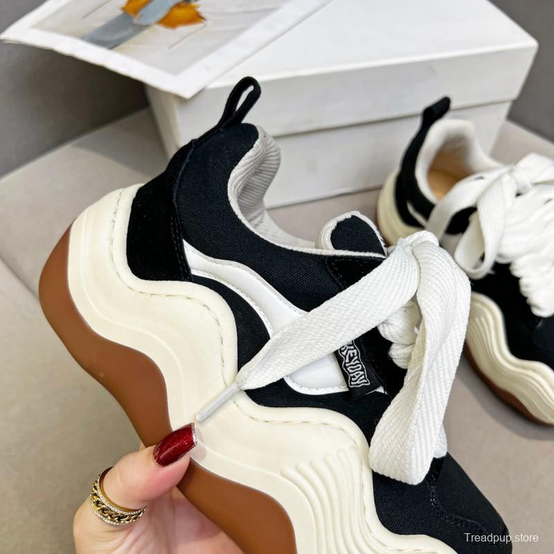 2025 Women HEYDAY Black White Canvas Leather Sneakers Wave Sole KFY00260