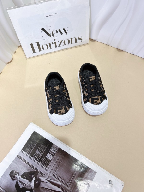 2024 Kids Fendi Black Beige Canvas Sneakers