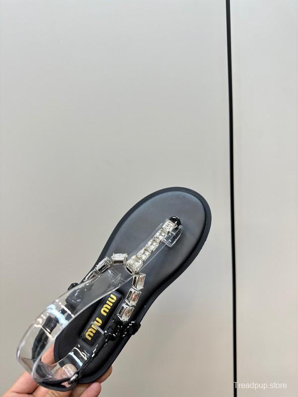 2025 Women Miu Miu Black Leather Rhinestone Sandals LY