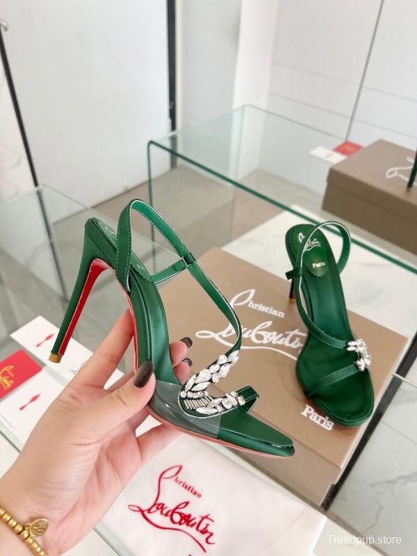 2025 Women Christian Louboutin Green Silk High Heel Crystal Sandal LY00300
