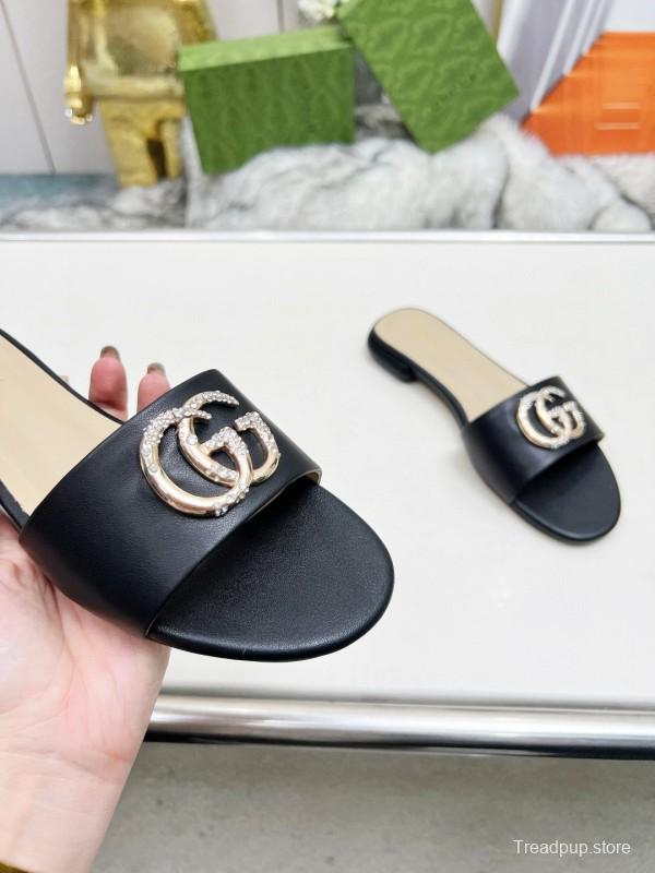 2025 Gucci Black Leather Slippers Double G Buckle MJ00190