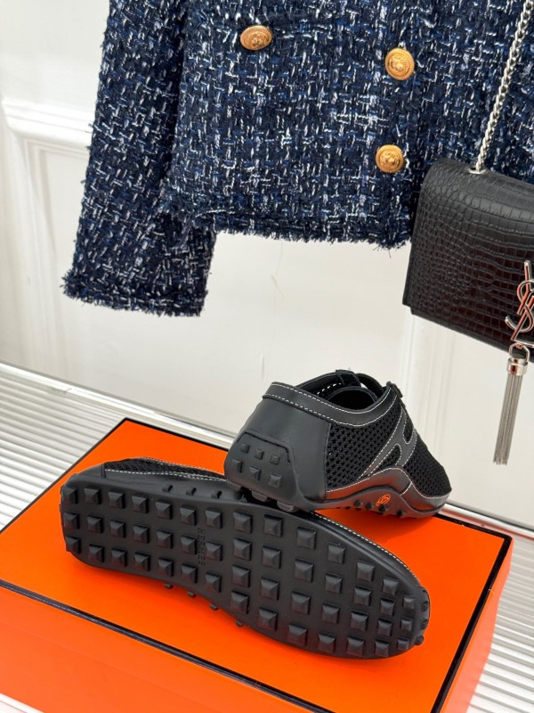 2025 Women Hermès Black Mesh Leather Sneakers