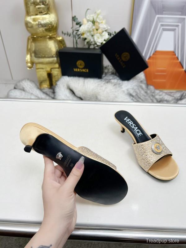 2025 Women VERSACE Gold Silk Rhinestone Heeled Sandals