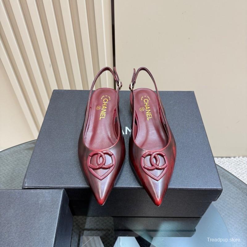 2025 Women Chanel Bordeaux Leather Slingback Sandals KFY00290