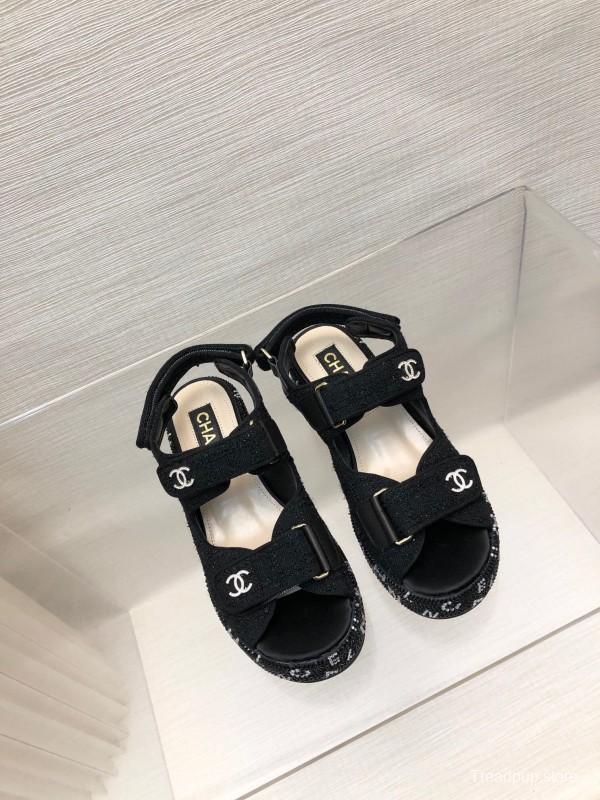2025 Women Chanel Black Fabric Platform Sandals LY00330