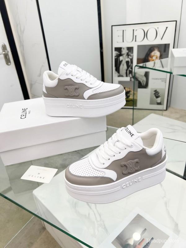 2025 Women Celine White Grey Leather Block Triomphe Sneakers LY00270