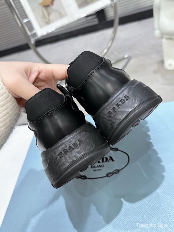 2025 Unisex Prada Black Leather Nylon Sneakers