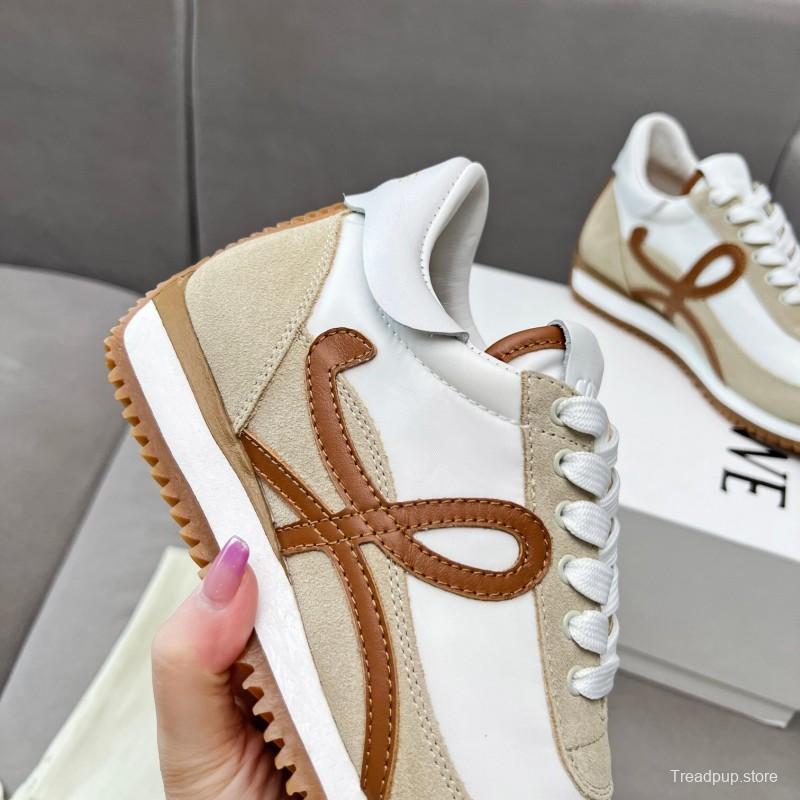 2025 Unisex Loewe White Beige Brown Leather Fabric Sneakers LY00270