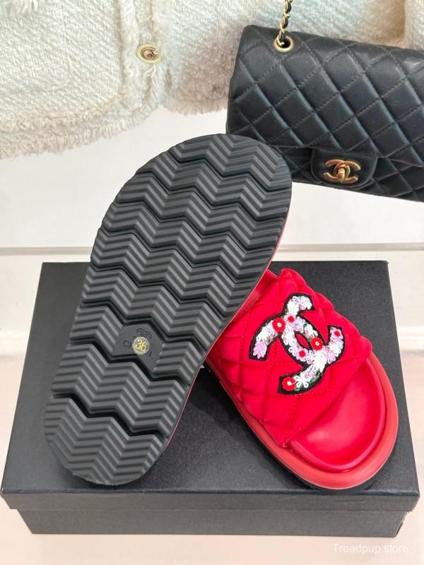 2025 Slippers Chanel Red Quilted Sequins Slide KFY00261