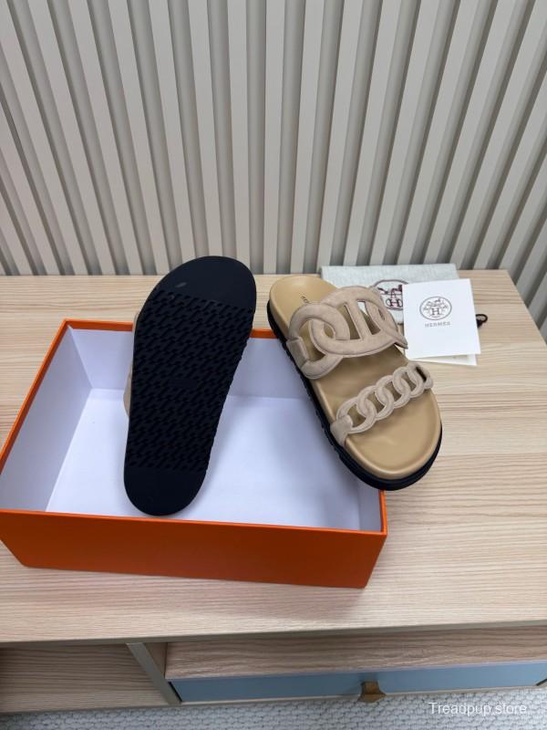 2025 Women Hermès Beige Suede Slippers