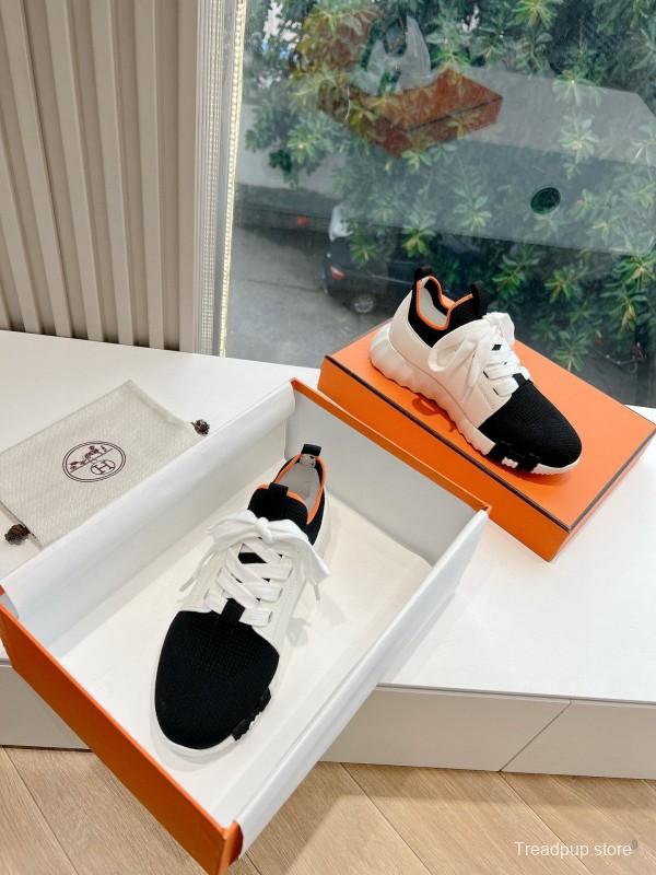 2024 Unisex Hermès Black White Orange Calf Leather Suede Knit Sneakers MJ00290