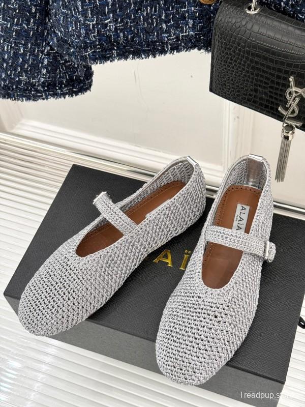 2025 Women AlAIA White Grey Knit Mary Jane Ballet Flat